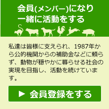 会員メンバーになり一緒に活動をする。私達は皆様に支えられ、1987年から公的機関からの補助金などに頼らず、動物が穏やかに暮らせる社会の実現を目指し、活動を続けています。会員登録をする